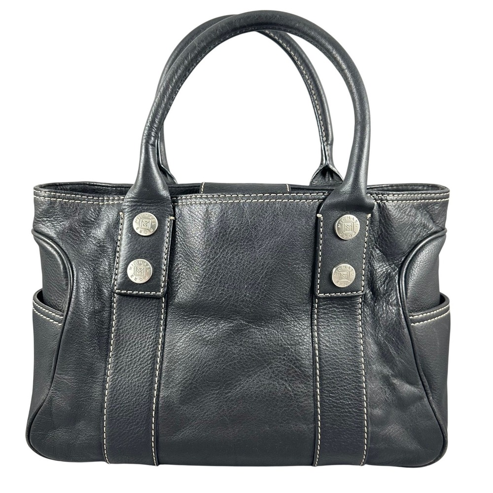 Michael Kors Black Pebbled Leather Tote Handbag White Stitching Silver Hardware
